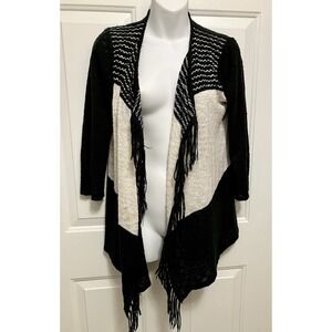 Cupio Women's‎ Fringe Open  Cardigan Sweater Medium Black Ivory Tassels